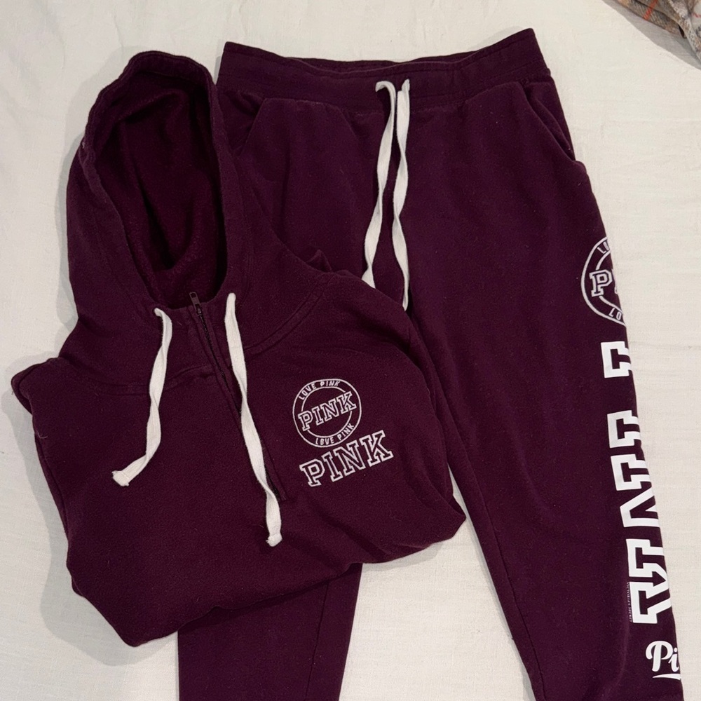 PINK Victoria's Secret Maroon Half Sip Hoodie & Sweatpants with White Logo